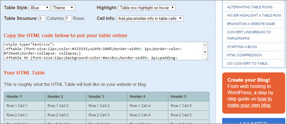Criar tabela HTML online